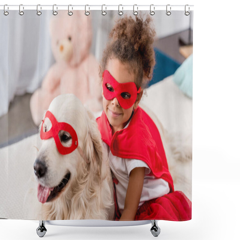 Personality  Smiling Adorable Little African American Kid With Happy Dog In Red Superhero Mask Shower Curtains