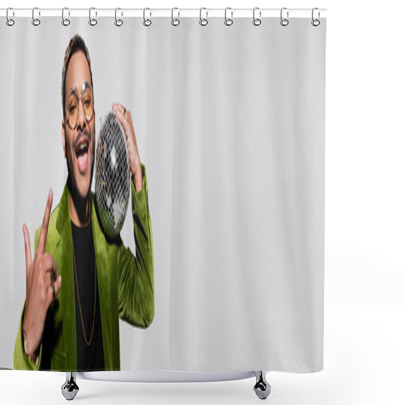 Personality  Excited Indian Hip Hop Performer In Green Velvet Blazer And Crown Holding Disco Ball Isolated On Grey, Banner Shower Curtains