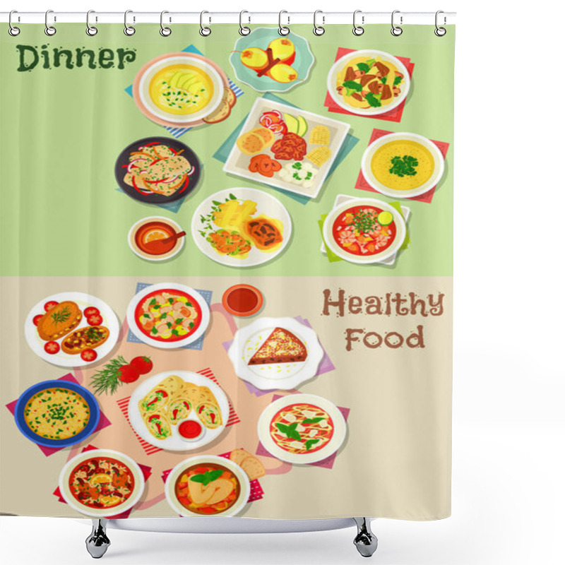 Personality  Dinner Icon Set For Healthy Food Theme Design Shower Curtains