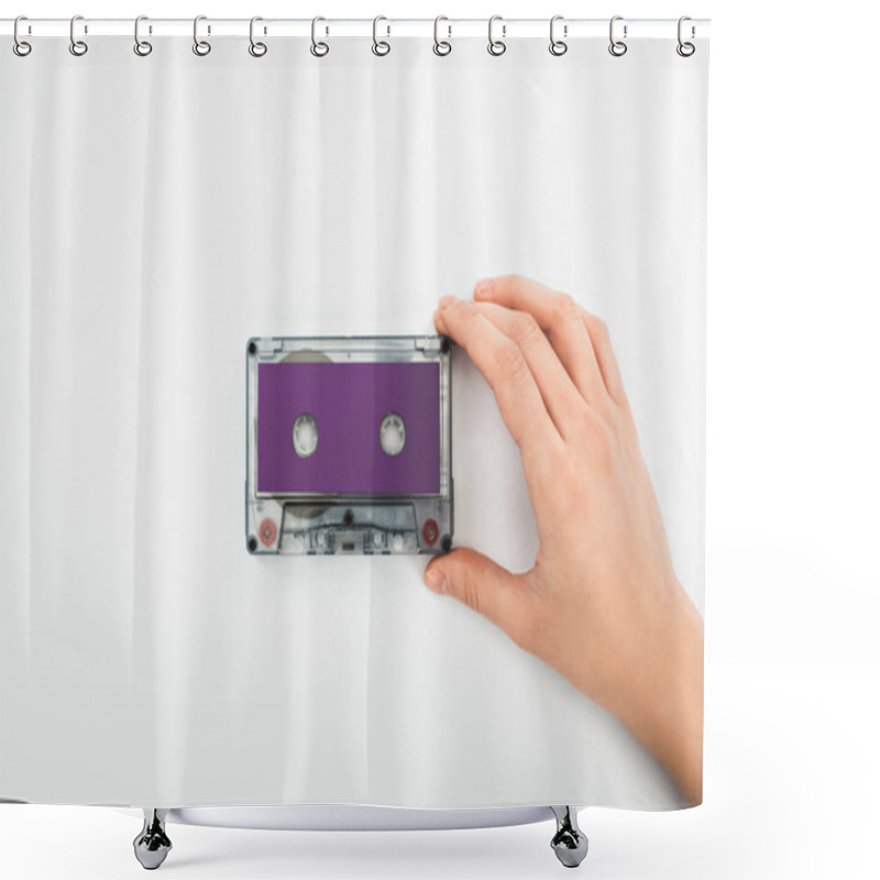 Personality  Partial View Of Man Holding Purple Recording Cassette On White Background Shower Curtains