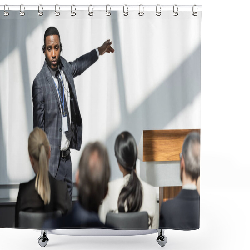 Personality  Back View Of Business People Near African American Lecturer Pointing With Finger During Conference Shower Curtains