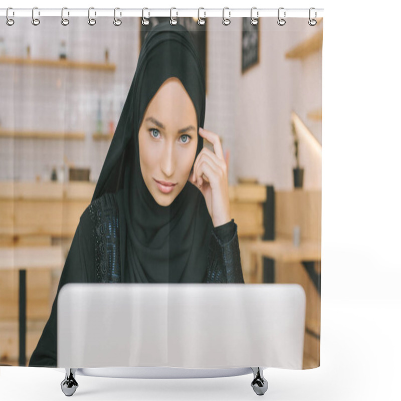 Personality  Muslim Woman Using Laptop In Cafe Shower Curtains