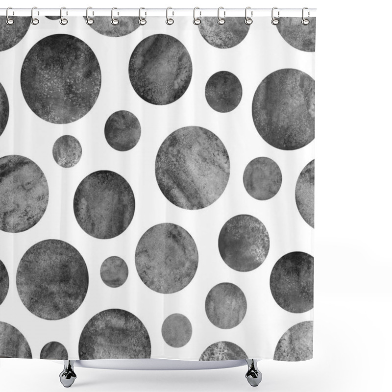 Personality  Black And White Circle Planets Seamless Pattern With Grunge Effect. Abstract Gray Geometric Round Shape Sphere Disc Disk Texture On White Background. Simple Watercolor Hand Drawn Illustration Shower Curtains