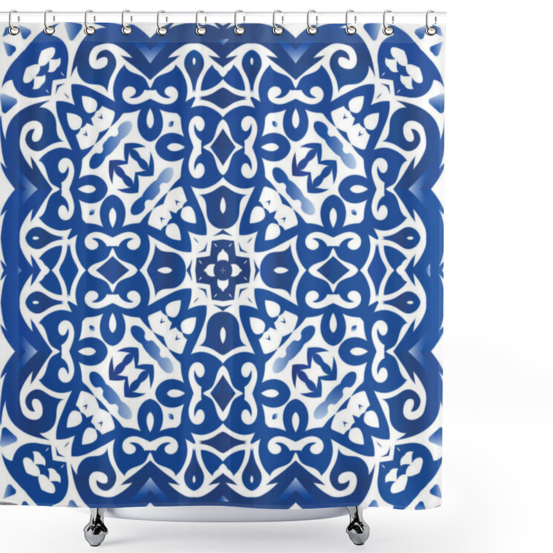 Personality  Portuguese Ornamental Azulejo Ceramic. Vector Seamless Pattern Theme. Original Design. Blue Vintage Backdrop For Wallpaper, Web Background, Towels, Print, Surface Texture, Pillows. Shower Curtains