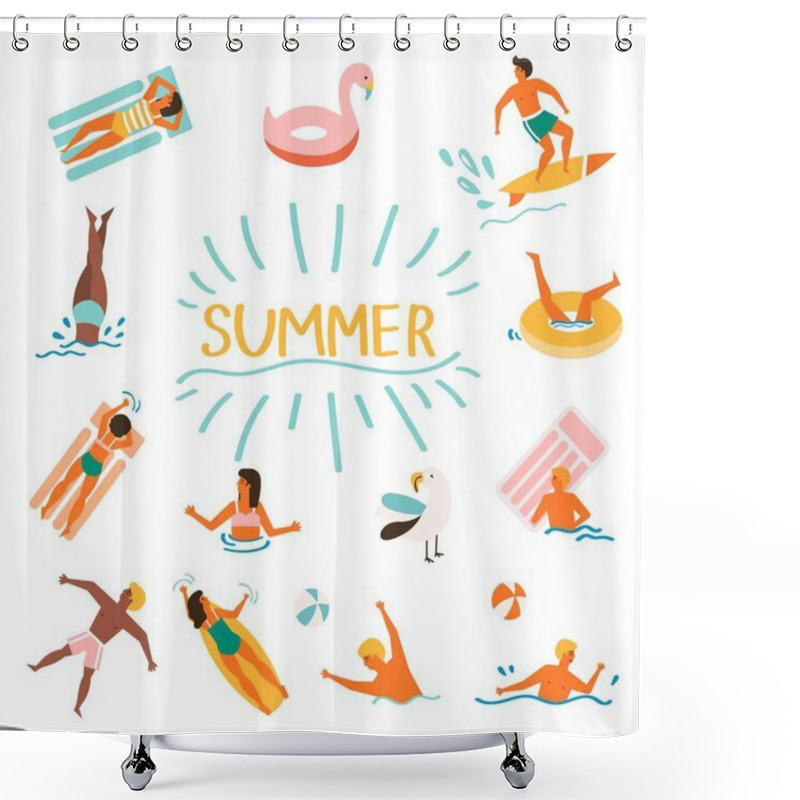 Personality  Set Of Vector Cute Summer Icons: Peoples Swimming And Have A Fun, Tropical Flowers, Ice Cream, Palm Leaves, Fruits. Shower Curtains