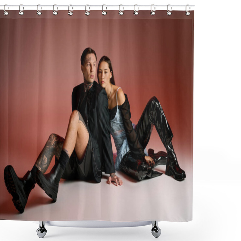 Personality  A Stylish Pair Poses Back To Back, Displaying Unique Styles In A Studio Setting. Shower Curtains