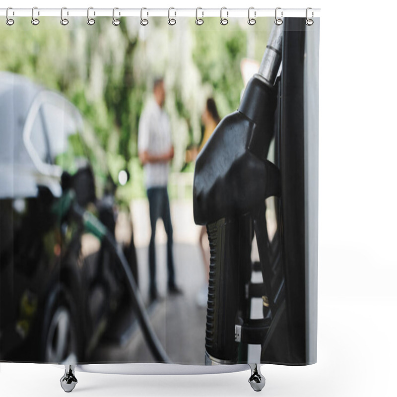 Personality  Selective Focus Of Fueling Nozzle On Gas Station And Couple Standing Near Auto Outdoors  Shower Curtains