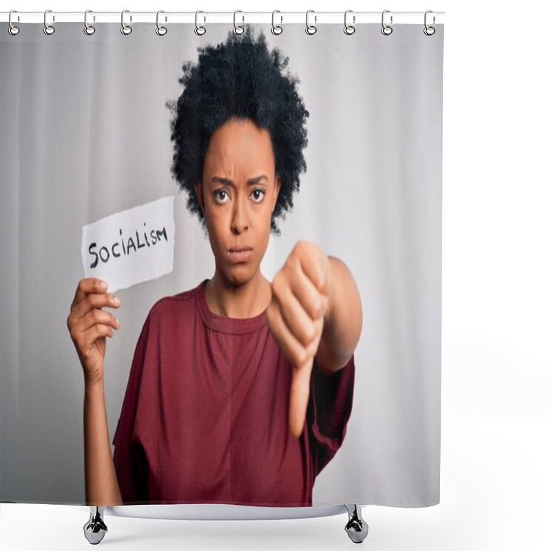 Personality  Young African American Afro Politician Woman With Curly Hair Socialist Party Member With Angry Face, Negative Sign Showing Dislike With Thumbs Down, Rejection Concept Shower Curtains