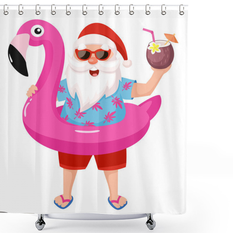 Personality  Santa Claus With Flamingo Inflatable Ring.Tropical Christmas. Vector Illustration. Shower Curtains