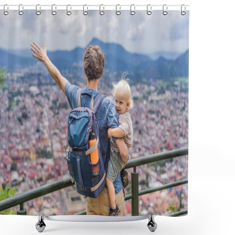 Personality  Dad And His Baby Son Tourists In Front Of The Panoramic View Of Orizaba From Cerro Del Borrego, Mexico. Travel, Scenic Landscape, And Adventure Concept. Shower Curtains