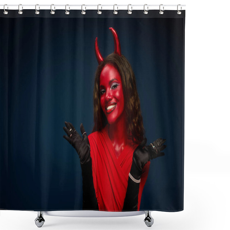 Personality  A Stunning Woman In A Bright Red Devil Costume Radiates Halloween Joy And Playful Spirit. Shower Curtains