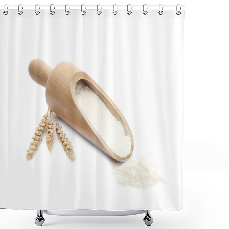 Personality  Organic Flour, Wooden Scoop And Spikelets Isolated On White Shower Curtains