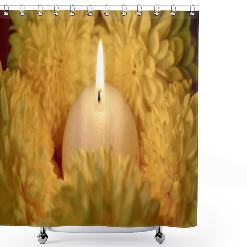 Personality  Celebration Of The Religious Indian Festival Of Diwali. Yellow Flowers With Burning Holi Candles At Hindi Festival Close-up Shower Curtains