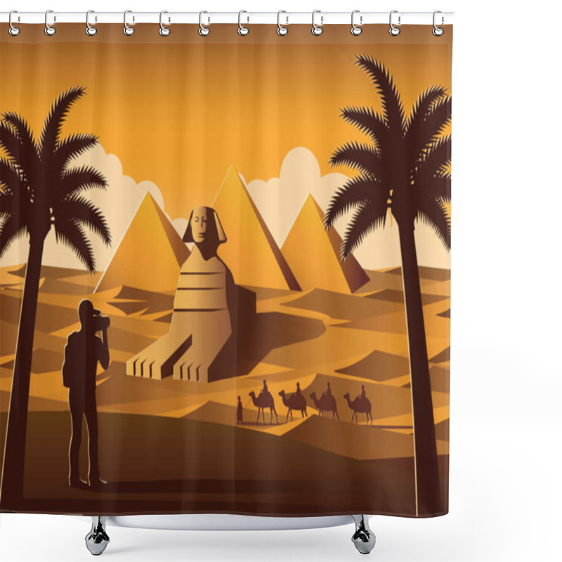 Personality  Tourist Take Photo Of Famous Place Called Pyramid While Caravan Of Camel Pass,landmark Of Egypt On Sunset Time,yellow Color Style,vector Illustration Shower Curtains