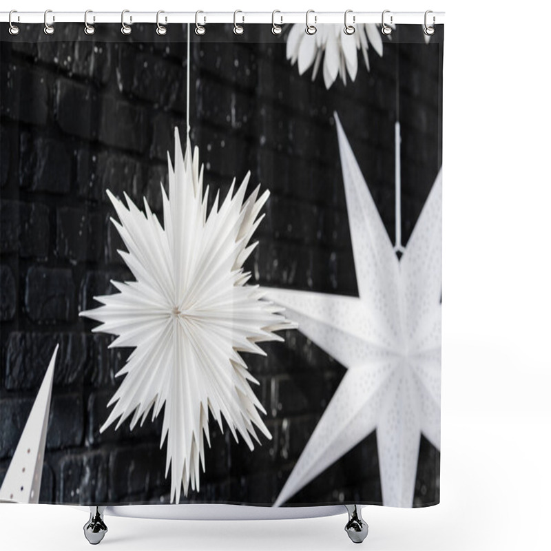 Personality  Elegant White Paper Stars Dangle From Above, Creating A Striking Contrast Against The Dark Brick Wall. These Decorations Add A Festive Touch, Perfect For Holiday Celebrations And Gatherings. Shower Curtains