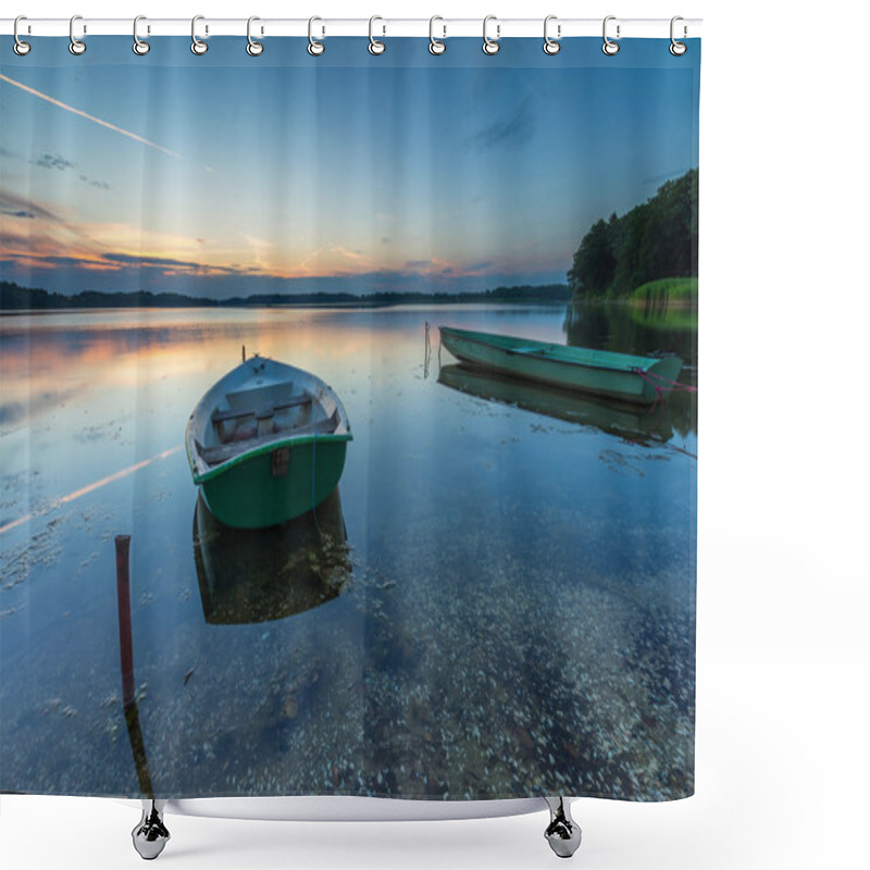 Personality  Fisherman Boats Moored On Lake Shore Under Sunset Sky Shower Curtains