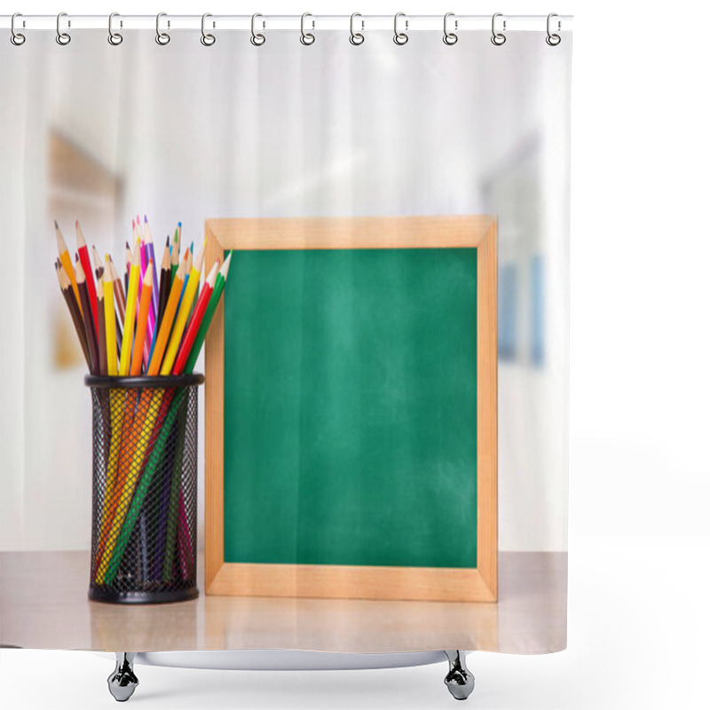 Personality  A Glass With Pencils And A School Board For Writing On A Wooden Table Shower Curtains