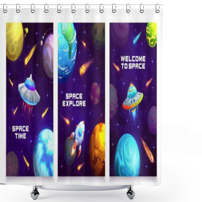 Personality  Cartoon Galaxy Space Posters. Vector Cards With Alien Ufo Saucers, Rockets, Planets And Asteroids In Fantasy Cosmic World With Celestial Objects. Spacecrafts Expedition Adventure In Starry Universe Shower Curtains