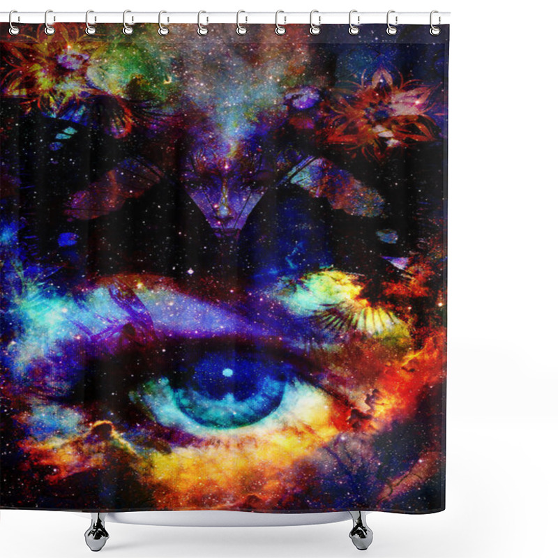 Personality  Goodness Woman And Bird With Ornamental Mandala, Space Background With Stars. Eye Contact. Titmouse Bird. Shower Curtains