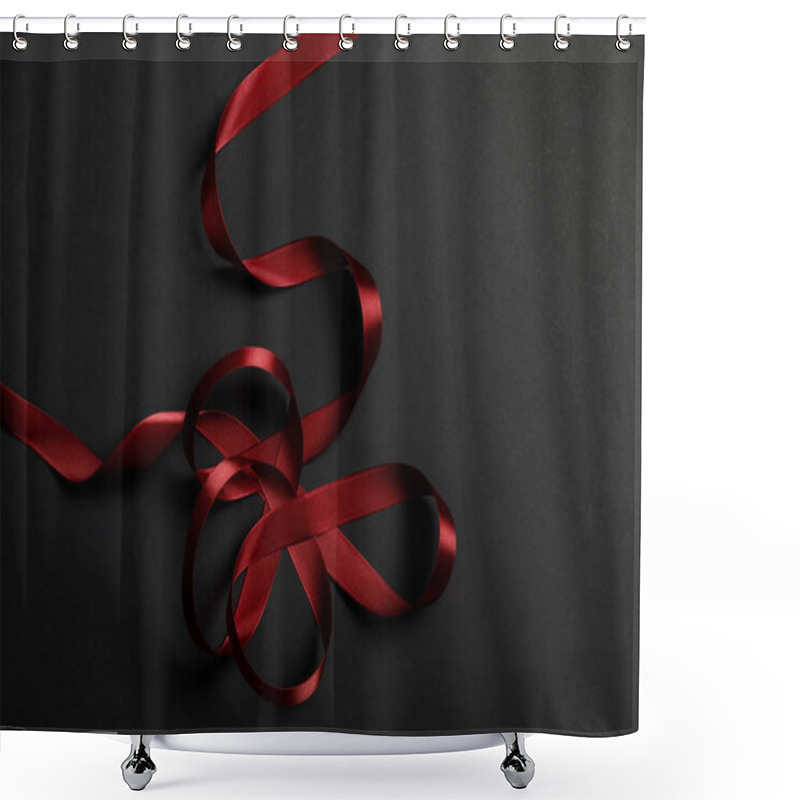 Personality  Top View Of Red Satin Wavy Ribbon On Black Background With Copy Space Shower Curtains