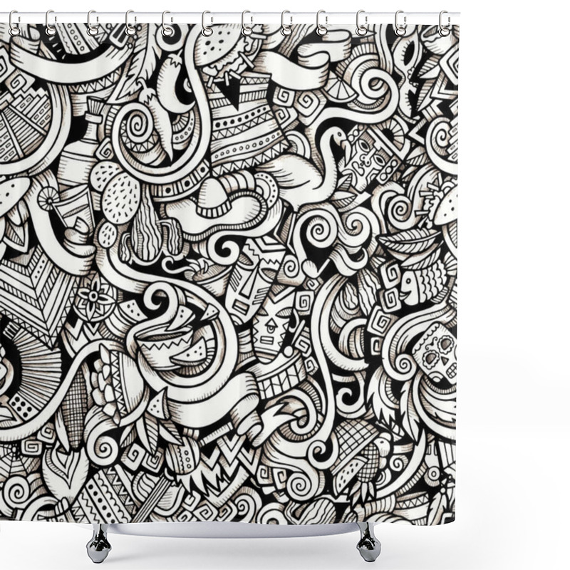 Personality  Cartoon Hand-drawn Doodles On The Subject Of Latin American Style Theme Seamless Pattern. Contour Trace Vector Background Shower Curtains