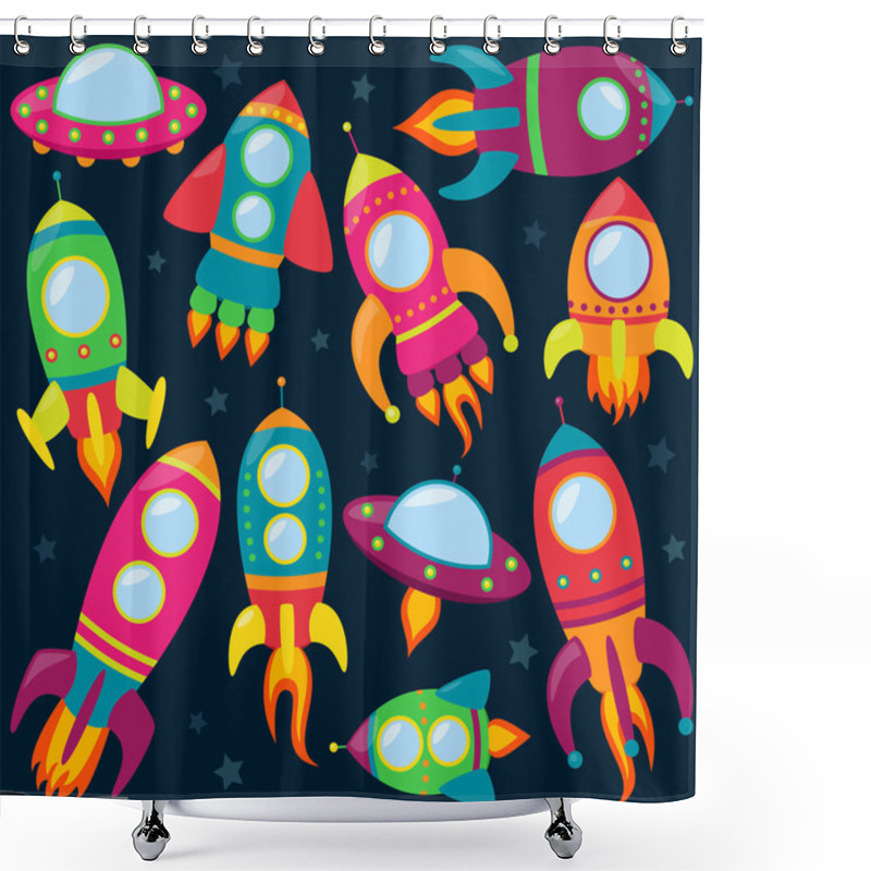 Personality  Vector Collection Of Cartoon Rocketships Shower Curtains