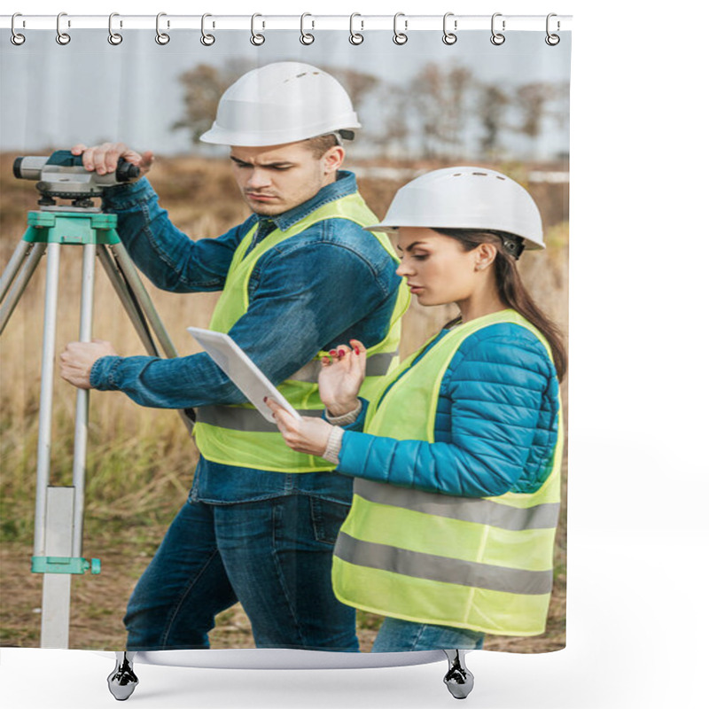 Personality  Surveyors With Digital Level Looking At Tablet In Field Shower Curtains