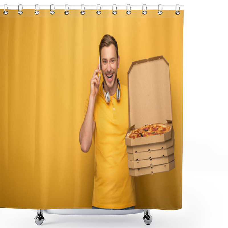 Personality  Happy Man With Headphones In Yellow Outfit Holding Pizza And Talking On Smartphone On Yellow Background Shower Curtains