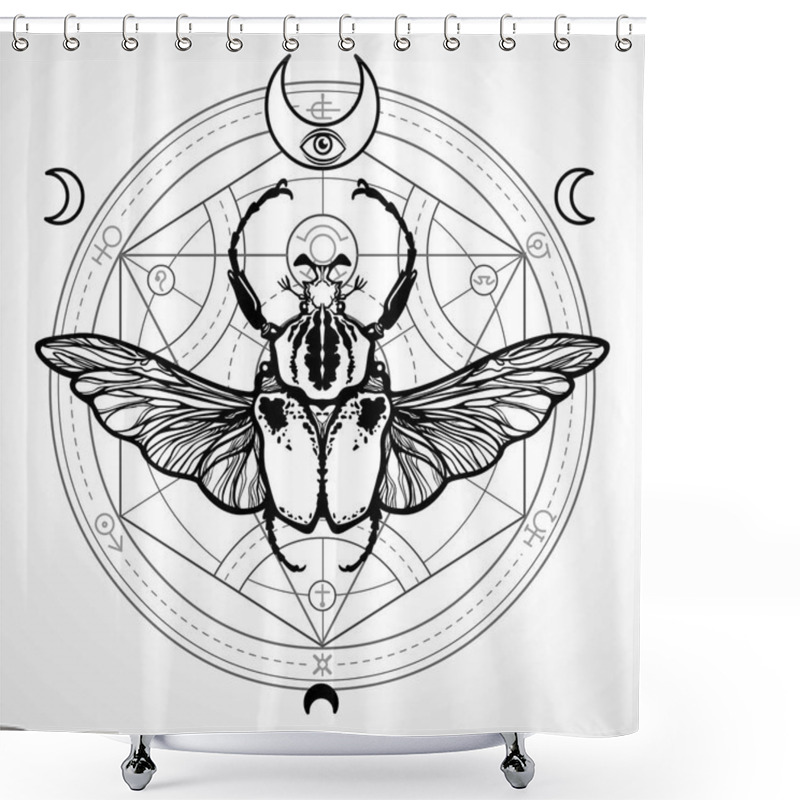 Personality  Winged Bug. Mystical Circle. Esoteric Symbol, Sacred Geometry. Sign Of The Moon. Monochrome Drawing Isolated On A White Background. Vector Illustration. Print, Posters, T-shirt, Textiles. Shower Curtains