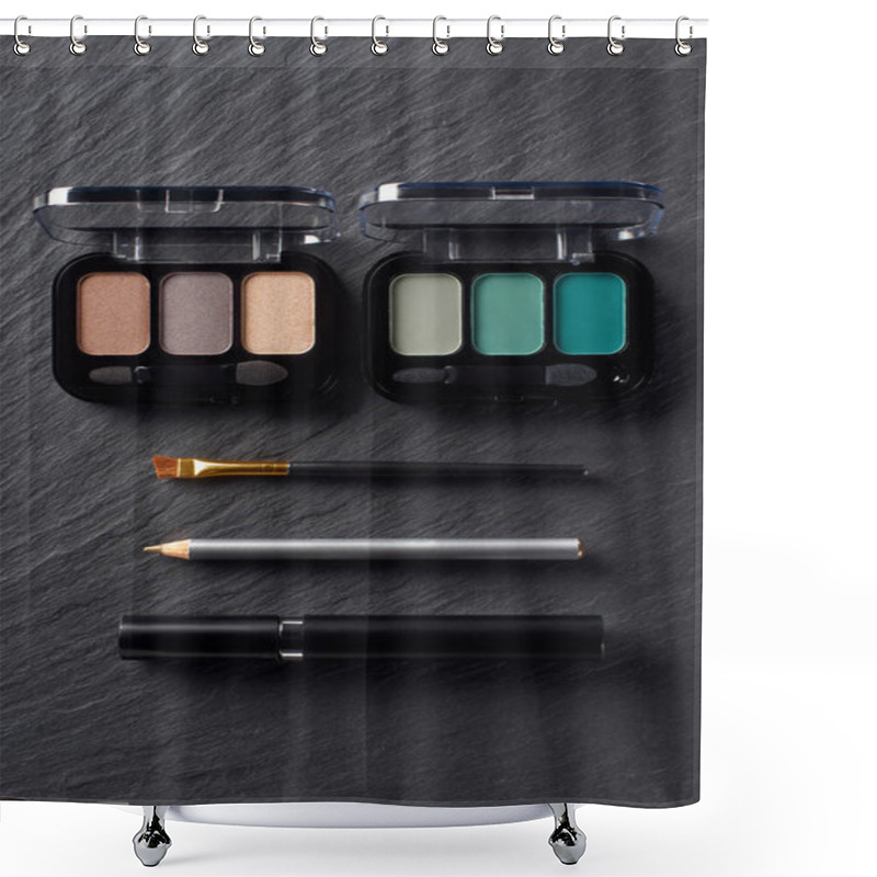 Personality  Palettes With Eye Shadows, Pencil And Mascara On Dark Slate Background Shower Curtains