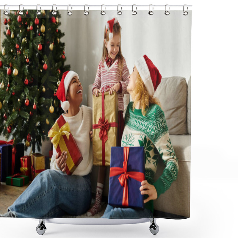 Personality  A Loving Couple Shares A Delightful Moment With Their Daughter As They Exchange Gifts At Home. Shower Curtains