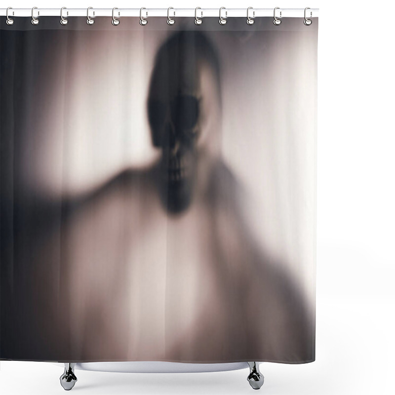 Personality  Horror Skeleton Or Grim Reaper Behind The Matte Glass. Halloween Festival Concept.Blurred Picture Shower Curtains