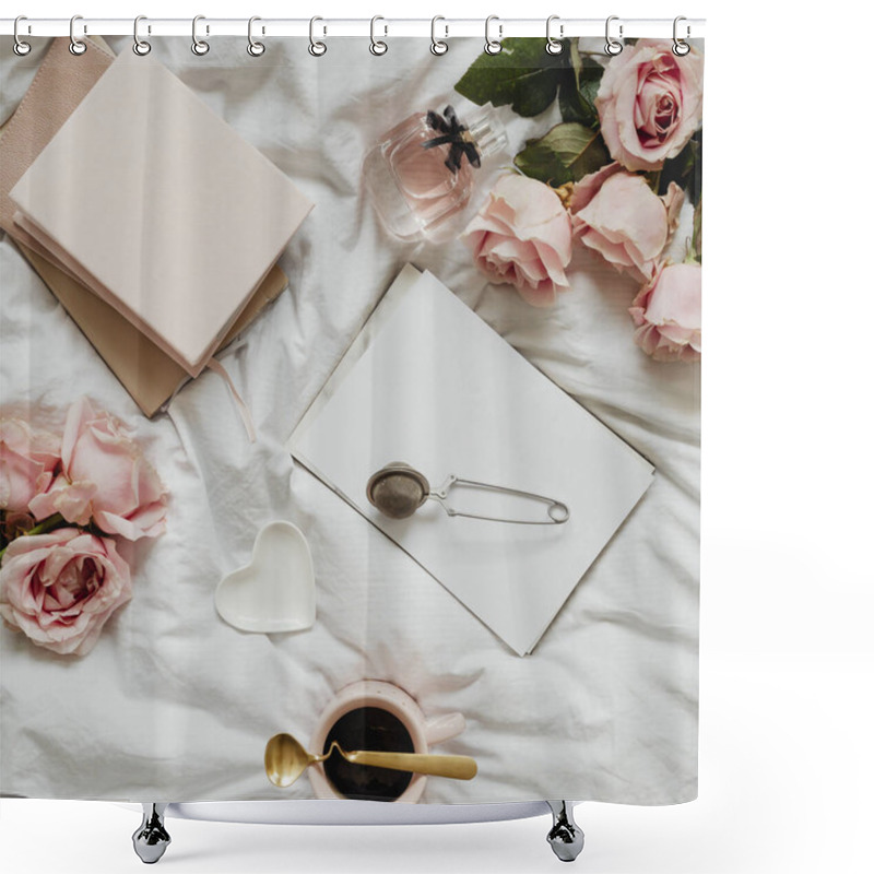 Personality  Romantic And Feminine Flat Lay On A Bed Shower Curtains