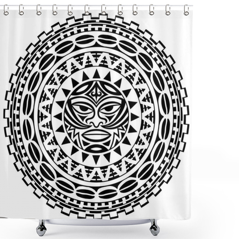 Personality  Circular Pattern In Form Of Mandala With Yin-yang Hand Drawn Symbol. Traditional Ornaments Of Maori People - Moko Style. Vintage Decorative Tribal Border From Elements Of African Theme. Shower Curtains