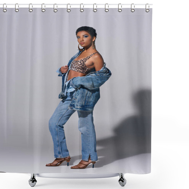 Personality  Full Length Of Fashionable African American Woman With Bold Makeup Wearing Top With Animal Print, Denim Jacket And Jeans On Grey Background, Denim Fashion Concept Shower Curtains