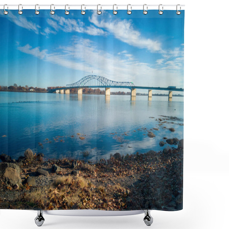 Personality  Historic Blue And White Arch Truss Bridge Over The Columbia River With Blue Skies And Clouds On A Sunny Morning In Kennewick-Pasco Washington Shower Curtains