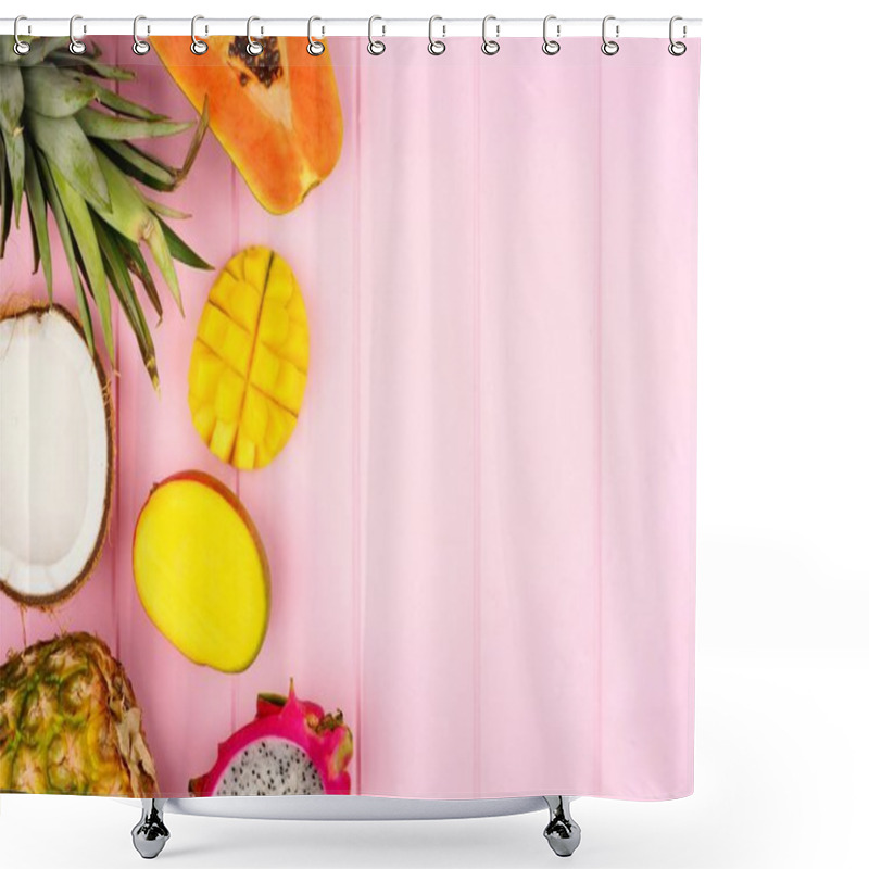 Personality  Tropical Fruit Side Border With Pineapple, Dragon Fruit, Papaya, Coconut And Mango On A Pink Wood Background Shower Curtains