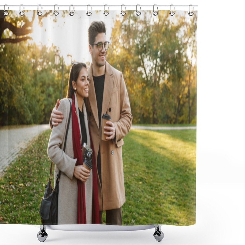 Personality  Portrait Of Joyful Couple Drinking Takeaway Coffee From Paper Cups While Walking In Autumn Park Shower Curtains