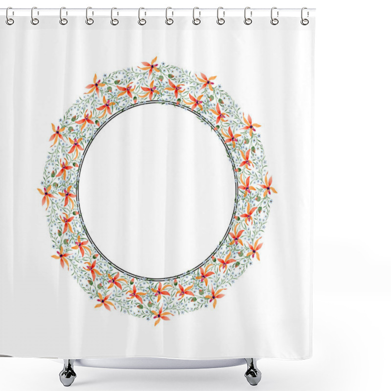 Personality  Circle Frame Of Blue And Orange Flowers. Watercolour Drawing Of Background With Orchids And Forget Me Nots. Shower Curtains