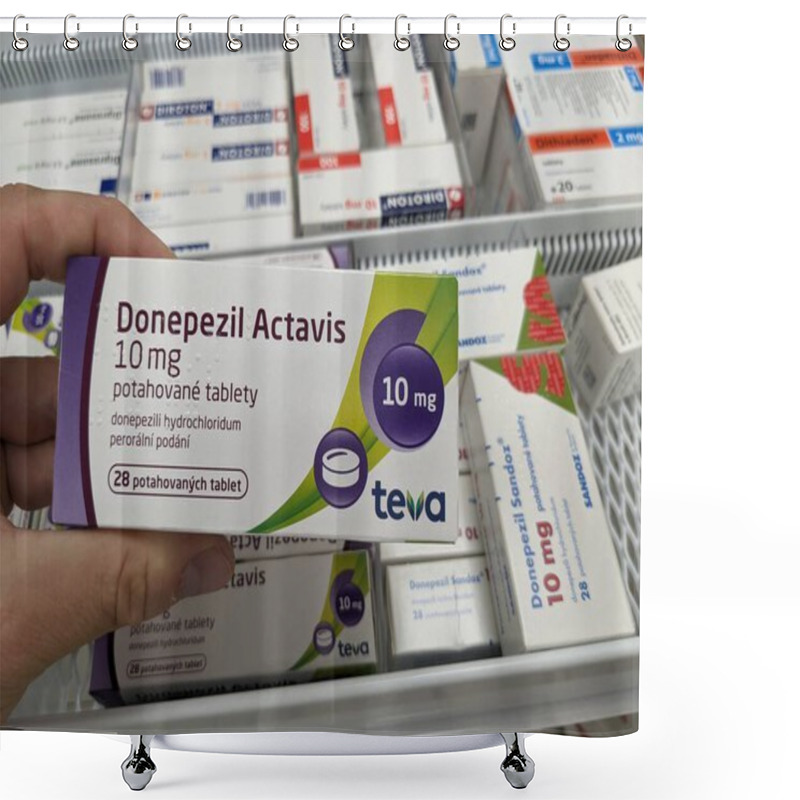 Personality  Prague, Czech Republic - July 10 2024: DONEPEZIL ACTAVIS Box Of Medication With DONEPEZIL Active Substance By ACTAVIS, Used For Treatment Of Alzheimer's Disease And Dementia. Shower Curtains