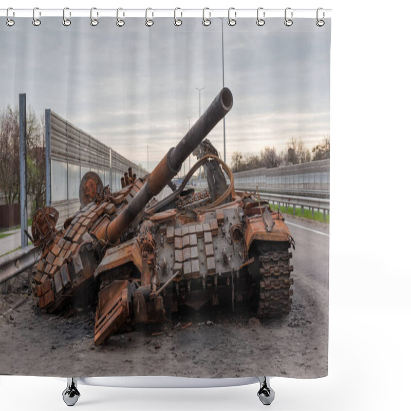 Personality  Burnt Rusty Russian Battle Tank With Torn Down Gun Turret Which Was Destroyed On The Highway During Hostilities In Russian Invasion Of Ukraine, 2022 Shower Curtains