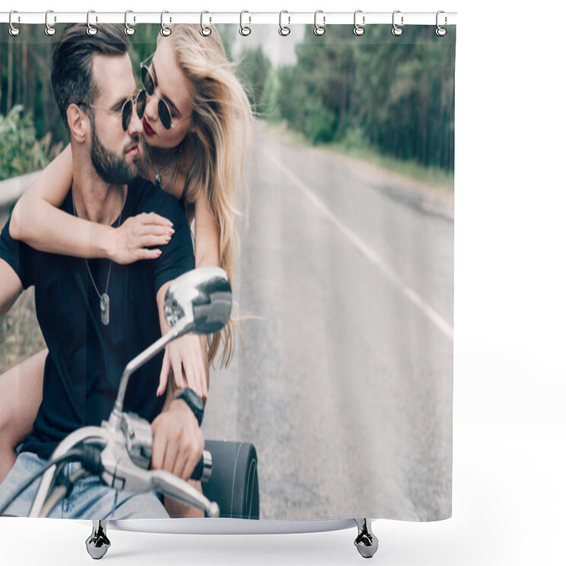 Personality  Young Couple Of Bikers Embracing On Black Motorcycle On Road Near Green Forest Shower Curtains