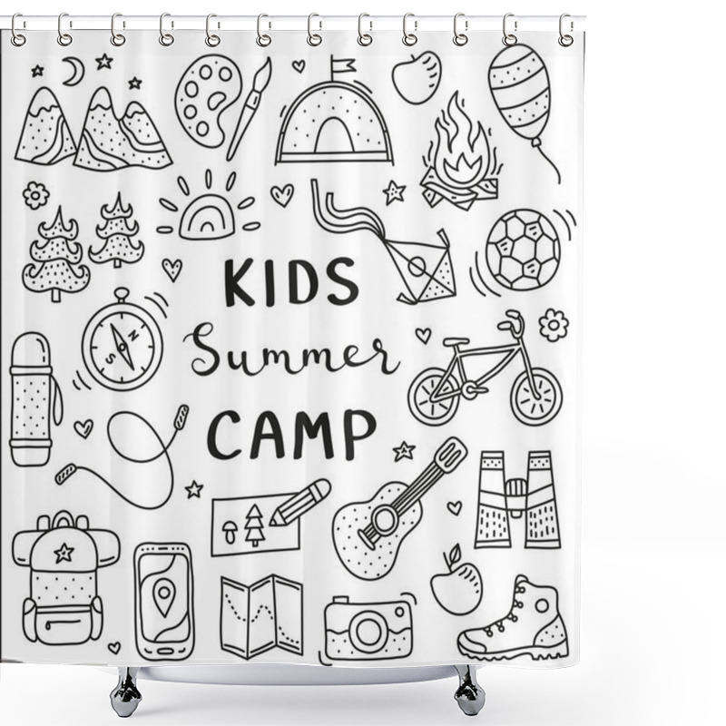 Personality  Poster Template With Cute Doodle Outline Kids Camp, Outdoor Icons And Lettering Isolated On White Background. Shower Curtains