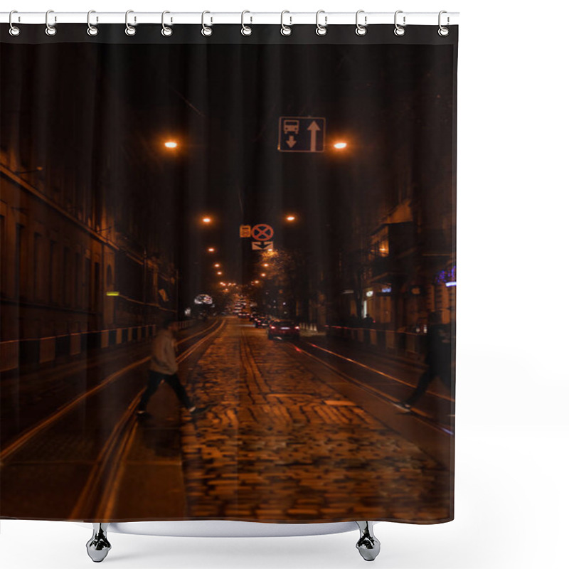 Personality  LVIV, UKRAINE - OCTOBER 23, 2019: Silhouette Of People Crossing Road Near Cars At Night Shower Curtains