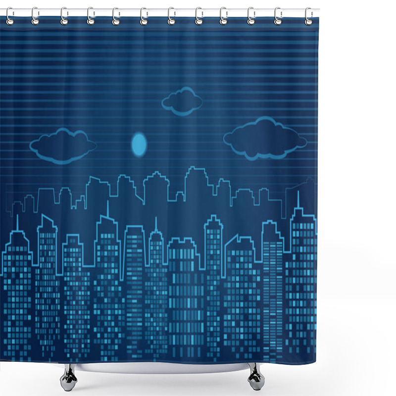 Personality  Blue Night Vector City With Houses And Their Silhouettes, Clouds And The Moon On A Striped Background Shower Curtains