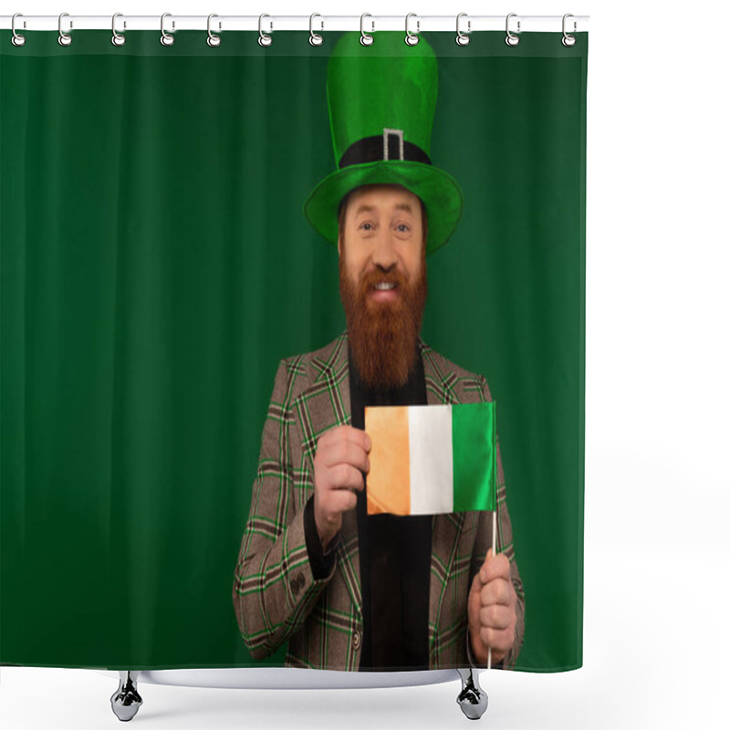 Personality  Positive Man In Hat Holding Irish Flag During Saint Patrick Day Celebration Isolated On Green  Shower Curtains