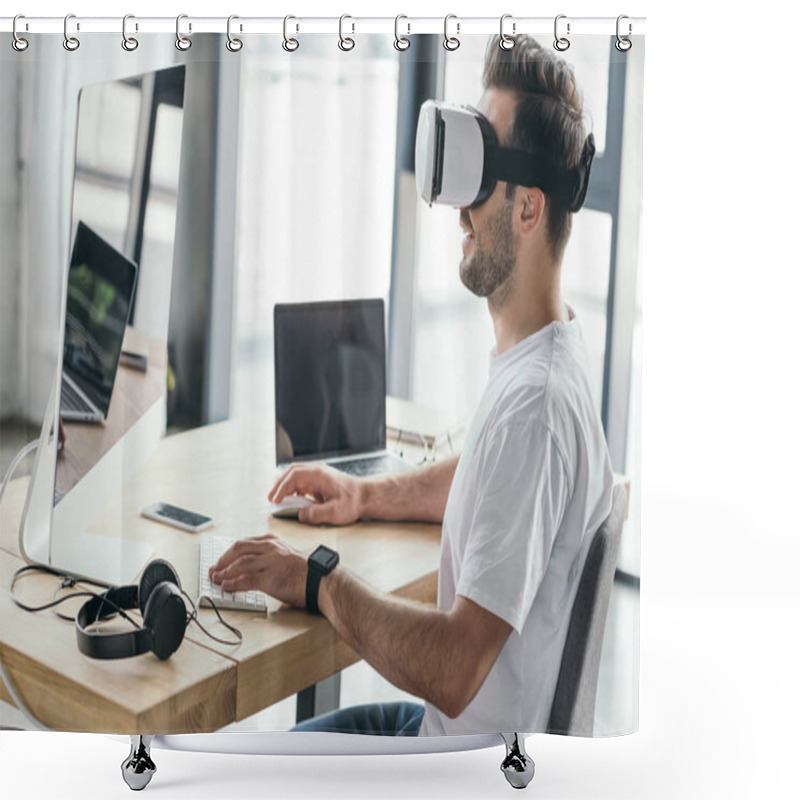 Personality  Smiling Young Man In Virtual Reality Headset Using Desktop Computer At Workplace Shower Curtains