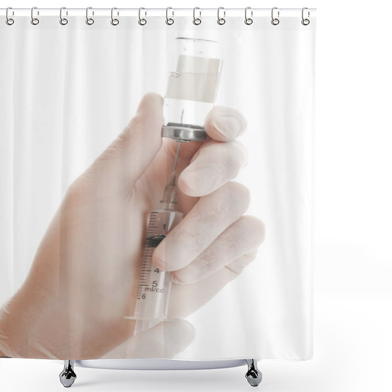 Personality  Filling Of A Syringe By A Medicine From Vial The Person In Gloves Shower Curtains