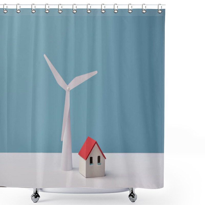 Personality  Windmill And House Models On White Table And Blue Background Shower Curtains