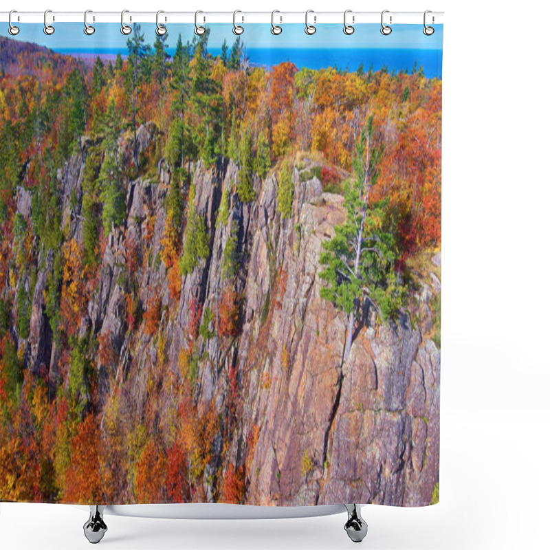 Personality  Fall Forest In The Mountains With Aspens And Pine Trees And Cliff Walls Shower Curtains